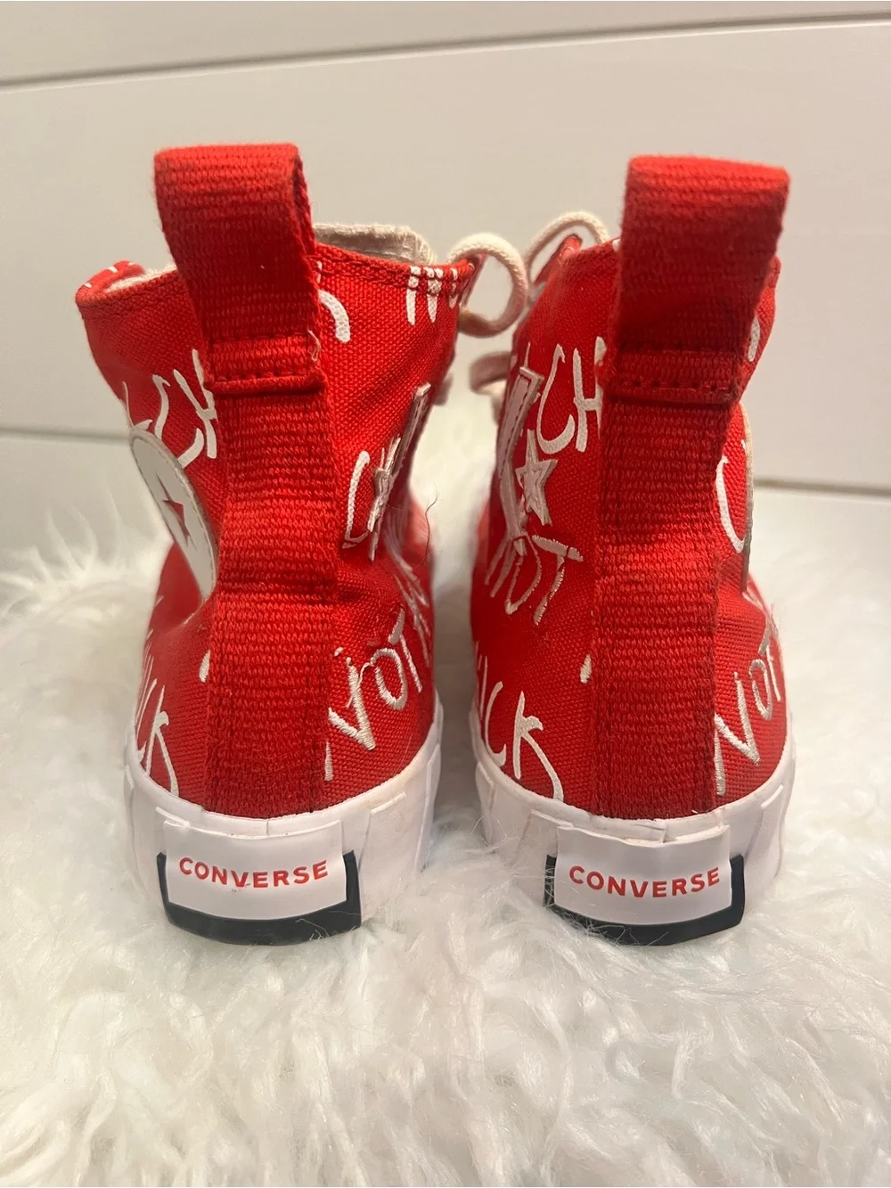 Converse Kids Red and White High-Top Sneakers with Graphic Script Not A Chuck